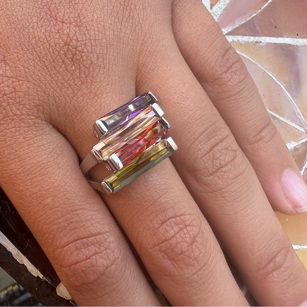 Genuine Gemstones Unique Creations Sterling Colored Bar Modernist .925 Ring